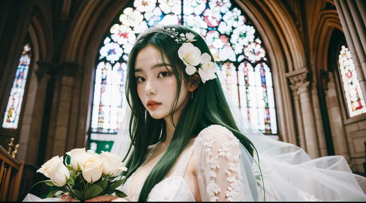 A silhouette of a beautiful woman，Long green hair and holding flowers on wedding dress，The background is the church。