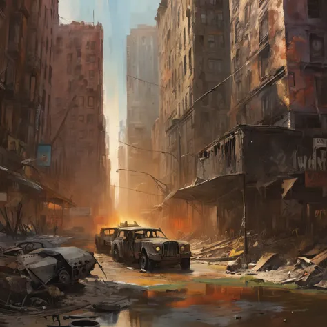 a picture taken from a video game of a city with a horse and carriage, digital concept art of dystopian, post - apocalyptic city, in a ruined cityscape, dystopian slums, an abandoned dystopian city, dirty cyberpunk city, post apocalyptic city, post apocaly...