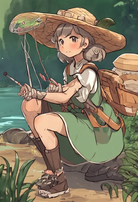 cartoon girl with a hat and a fishing net, insect trainer girl, wearing a fisher 🧥, female protagonist 👀 :8, chihiro! fujisaki, female explorer mini cute girl, fanart, official fanart, high quality fanart, touhou character, abigail from stardew valley, ful...