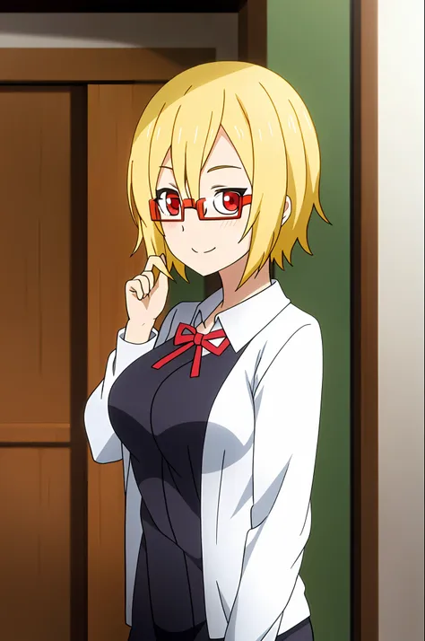 aku, anime art style, 1girl, solo, looking_at_viewer, smile, short_hair, blonde_hair, red_eyes, ribbon, hair_over_one_eye,  (((glasses))), ((rim-less eyewear)), (((mature female))), tall, beautiful, medium breast, milf, (eyewear:0.9)