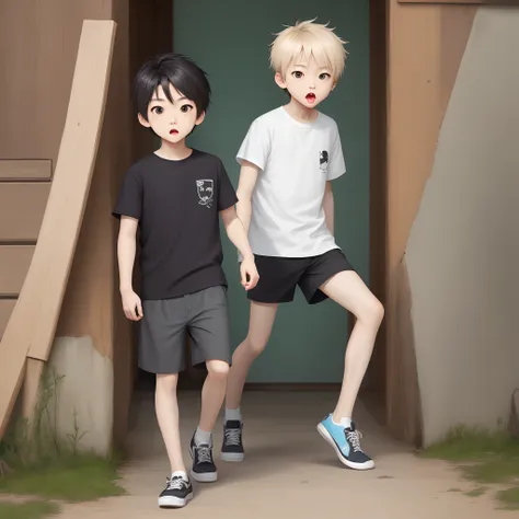 Shota，bare-legged，roll eyes，Stick out your tongue