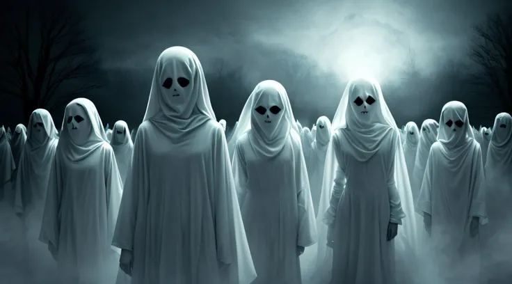 a group of ghost like ghosts with black eyes and white faces, ghosts, ghostly spirits, haunting and spooky, halloween wallpaper with ghosts, ghost faces, enveloped in ghosts, ghostly figures, phantom ghosts in the background, haunting!, ghosts in the backg...