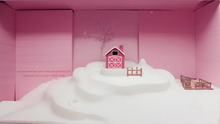 Um Celeiro cor de rosa na neve. Cardboard box on the bottom. Maquete. Uma maquete de um celeiro cor de rosa na neve. Muita neve.