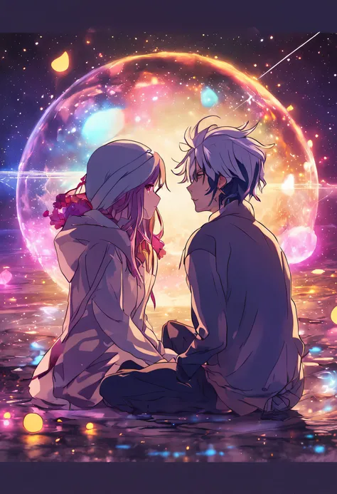 Anime couple sitting on the ground，With glowing spheres, no game no life, beautiful fantasy anime, anime in fantasy style, zerochan art, hd anime wallaper, Anime fantasy artwork, anime wallaper, ethereal anime, Beautiful anime, Anime fantasy illustration, ...