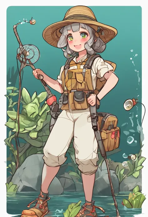 Cartoon girl in hat and fishing net, insect trainer girl, wearing a fisher 🧥, Female protagonist 👀 :8, chihiro! fujisaki, Female explorer mini cute girl, Fanart, official fanart, High-quality fanart, touhou character, Abigail from Stardew Valley, full body...