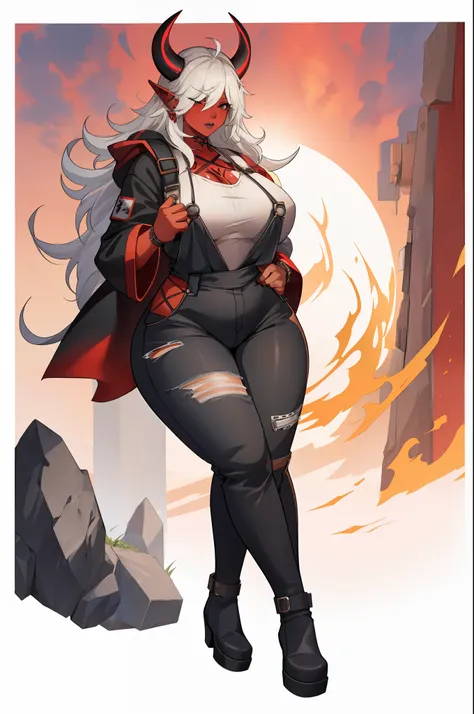 1girl, solo, huge breasts, , wide hips, thick thighs, curvy, black overalls, bDesdemona, red skin, white hair, , horns , pants, cloak, pullover, full body, coat