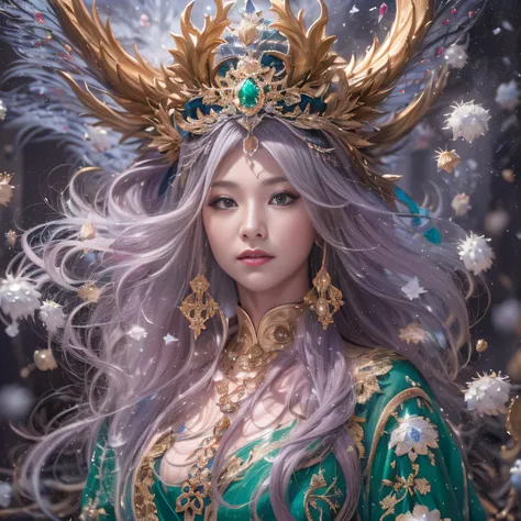 32K（tmasterpiece，k hd，hyper HD，32K）Purple-pink flowing hair，Gold jewelry area in the back room，King Girl ，Green Bronze Dragon Protector （realisticlying：1.4），Python pattern robe，Purple-pink tiara，Snowflakes fluttering，The background is pure，Hold your head h...