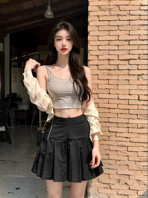 Allad Asian woman posing for photo in skirt and crop top pose, Gorgeous young Korean woman, wearing sexy cropped top, beautiful Korean women, photo of slim girl model, wearing a black cropped tank top, dilraba dilmurat, wearing a cropped black tank top, Ko...