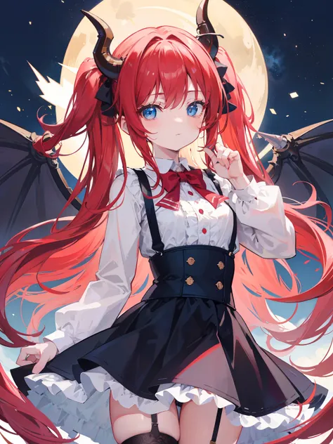 {{best quality}}, {{masterpiece}}, {{ultra-detailed}}, {illustration}, {detailed light}, red hair,blue eyes,twintails,lolita,Suspenders skirt,Fantastic,loli,solo,Dragon horns,little girl,long hair