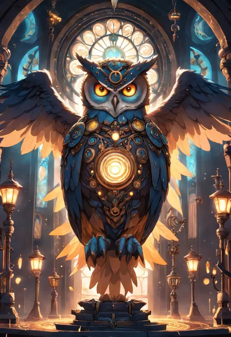 Incarnate ethereal owl, Steampunk, mystical aura, resplendent gas lamps, (Universal alignment, Light manipulation, spectrum infusion, fantastical forge, meticulous creation, exquisite craftsmanship, unparalleled artistry, otherworldly essence, sublime real...