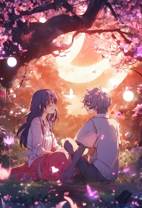 Anime couple sitting on the ground，There are glowing spheres,There are mooncakes， no game no life, beautiful fantasy anime, anime in fantasy style, zerochan art, hd anime wallaper, Anime fantasy artwork, anime wallaper, ethereal anime, Beautiful anime, Ani...