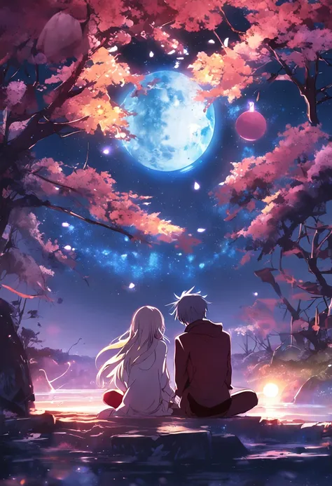 Anime couple sitting on the ground，There are glowing spheres,There are mooncakes， no game no life, beautiful fantasy anime, anime in fantasy style, zerochan art, hd anime wallaper, Anime fantasy artwork, anime wallaper, ethereal anime, Beautiful anime, Ani...