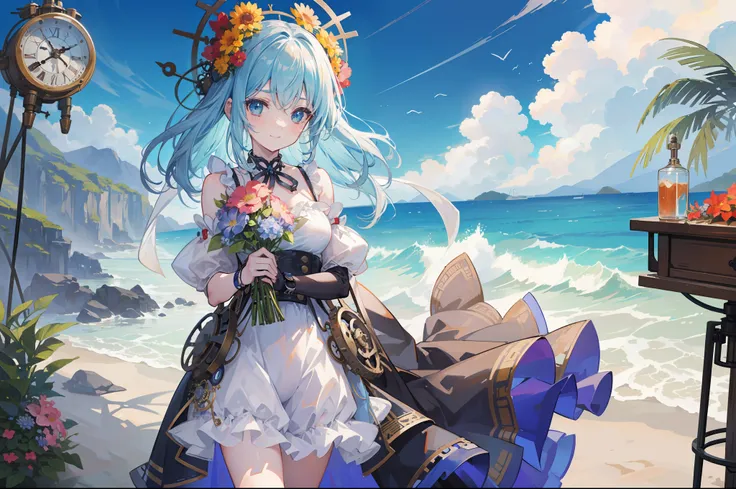 ((celebration、holding flower bouquet)), ((the beach))、steampunc、steams、Into the cloud、(((gear wheel, Clocks and plumbing)))、夏天、Beautuful Women、Steampunk colorful swimsuit adorned with countless gears and watches、Midday Sun、steams、Large space、high sky、​​clo...