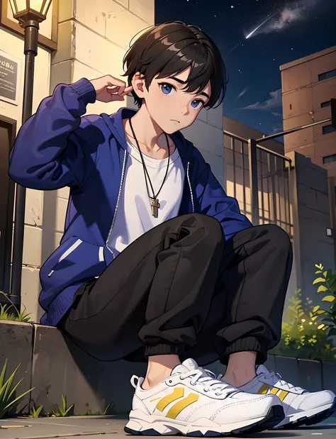 a young boy with，dressed in casual attire，wear sneakers，with a necklace，sit under a street lamp，the night，looking up and countin...