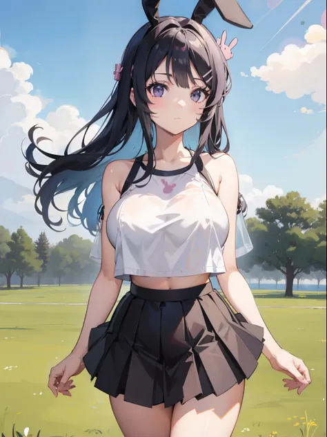 mai sakurajima , bunny girl senpai, chubby curvy body, light black long hairs, purple eyes, ((naked)), grass field back ground, ...