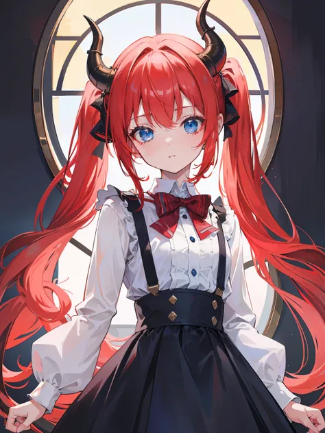 {{best quality}}, {{masterpiece}}, {{ultra-detailed}}, {illustration}, {detailed light}, red hair,blue eyes,twintails,lolita,Suspenders skirt,Fantastic,loli,solo,Dragon horns,little girl,long hair