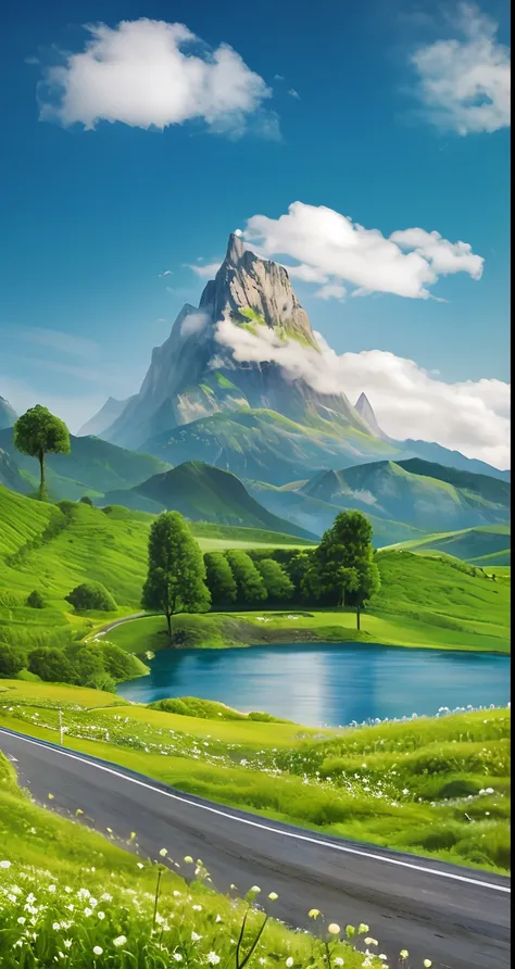 There is a road through a green field，The background is a mountain, Big Mountain, giant imposing mountain, beatiful mountain background, Breathtaking landscapes, middle earth landscape, beautiful mountains, mountainous terrain, epic landscapes, impressive ...