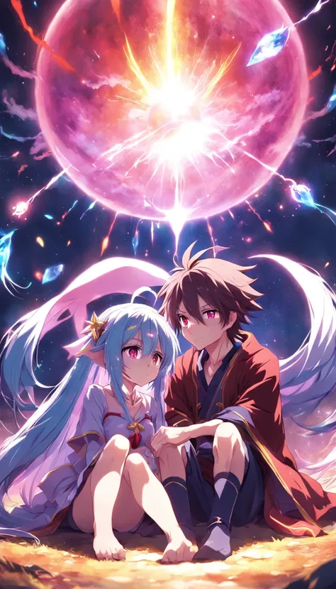 Anime couple sitting on the ground，With glowing spheres, no game no life, beautiful fantasy anime, anime in fantasy style, zerochan art, hd anime wallaper, Anime fantasy artwork, anime wallaper, ethereal anime, Beautiful anime, Anime fantasy illustration, ...