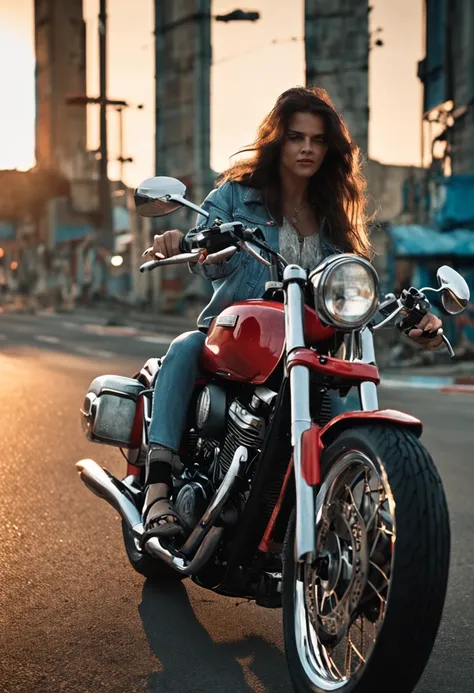 Girl on a motorcycle、Highway、long hair flowing with the wind、Bikini