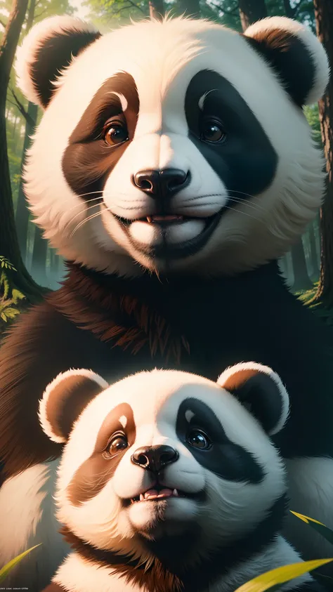 tmasterpiece，best qualityer，cinematic Film still from，1 panda，Close-up，natta，The panda looks up at the forest