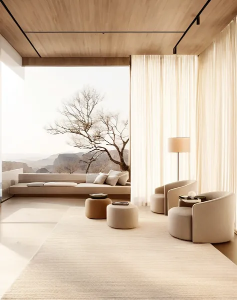 there was a room，there are large windows and chairs, serene and peaceful style, cream - colored room, soft zen minimalist, sooth...