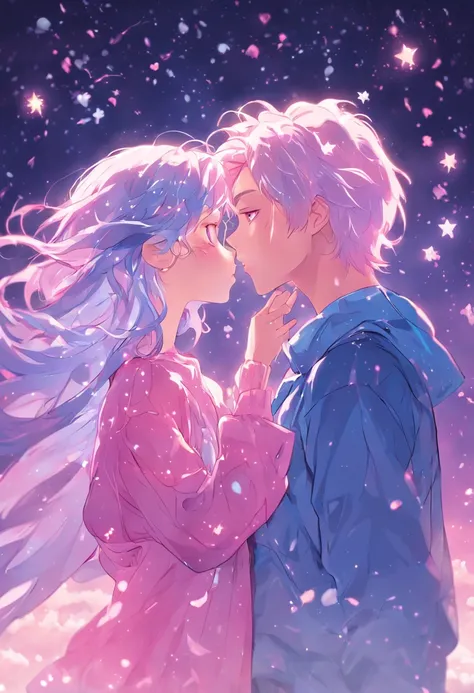 Romantic couple kissing in the wind，Blue-haired boy，Girl with pink hair，glowing stars，Glow effects，Heart-shaped bubbles，the night，On a cruise ship，The face is clear and accurate，detail in face，super-fine，beachside，16K resolution，high qulity，电影灯光，High pictu...