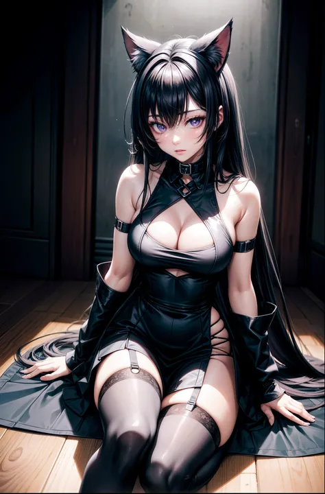 24 year old araffe dressed in a black dress and black stockings sitting on a wooden floor, gorgeous maid, cosplay of a catboy! maid! dress, the anime female is crouching, anime girl in a maid costume, anime female cosplay, maid outfit, school girl in gothi...