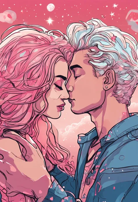 Romantic couple kissing in the wind，Blue-haired boy，Girl with pink hair，glowing stars，Glow effects，Heart-shaped bubbles，the night，On a cruise ship，The face is clear and accurate，detail in face，super-fine，beachside，16K resolution，high qulity，电影灯光，High pictu...