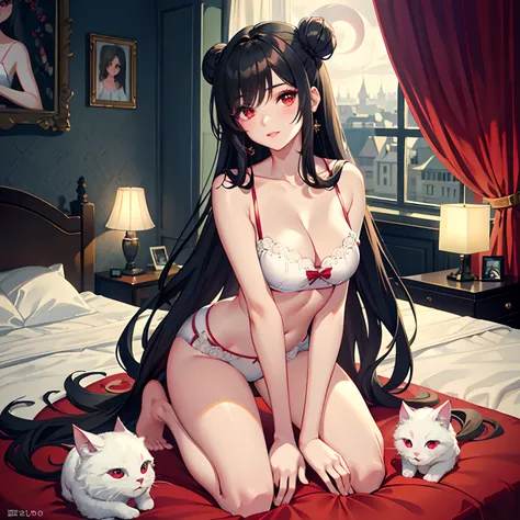 Real, 1girl, hair over one eye, parted lips, blush, makeup, light smile, pajamas, glow, thighs, red eyes, collarbone, narrow waist, sitting, kneeling, on all fours, bedroom, window, moon, side, (masterpiece), television, wallpaper, moonlight, underwear,, b...