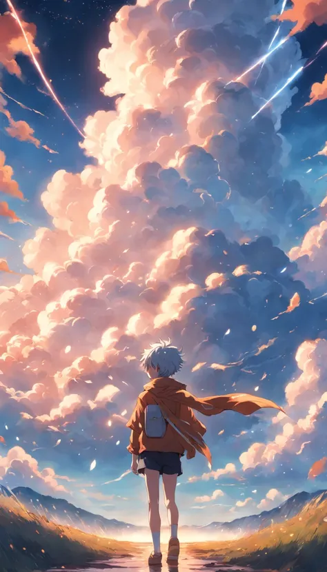 Masterpiece, Best Quality, Movie Stills, 1boy, Cloud Boy, Floating in the Sky, Close-up, Bright, Happy, Warm Soft Light, Sunset, (Sparkle: 0.7)