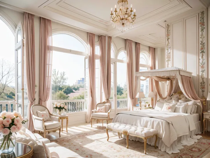 ，masterpiece, best quality，8k, ultra highres，As you walk into this picturesque bedroom，The whole body is surrounded by a gorgeous and luxurious atmosphere。The bed is covered with soft and comfortable silk linen，Pillowcases and feather duvets with delicate ...