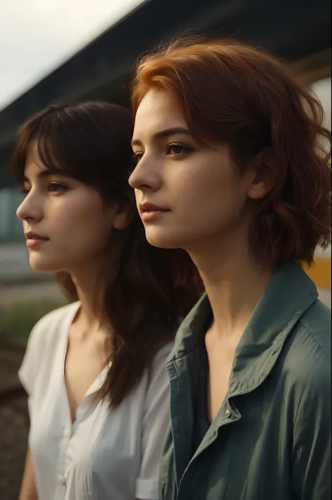 Two women standing next to each other in front of a train, Alena Aenami e Lilia Alvarado, Bela Sci - Fi-twins, Cinematic realistic portrait, cinematic portrayal, Retrato colorido, beautiful gemini twins portrait, Rostos UHD ultrarrealistas, Retrato VFX alt...