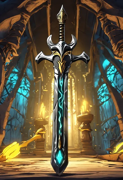 there is a pike with a yellow and black design on it, glowing yellow soul blade, glowing pike, style of pike blade, raytraced blade, glaive, shinning pike, intricate fantasy spear, war blade weapon, medievil spear, magical pike, realistic pike