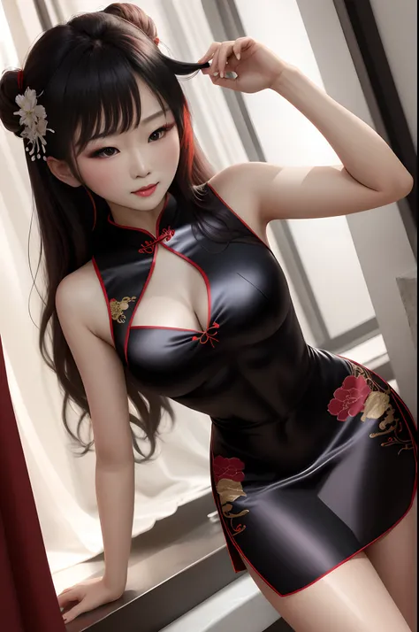 The black silk cheongsam beauty showed her chest