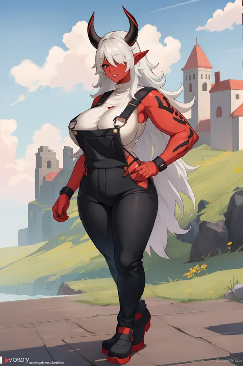 1girl, solo, huge breasts, , wide hips, thick thighs, curvy, black overalls, bDesdemona, red skin, white hair, , horns , pants, cloak, pullover, full body