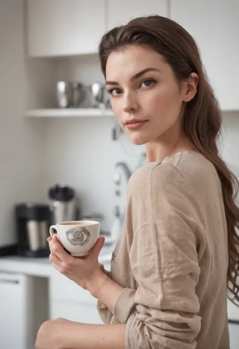 A young white woman with various tattoos and hair standing in her kitchen, Her T-shirt and slippers are the only clothes she wears while enjoying freshly brewed coffee.