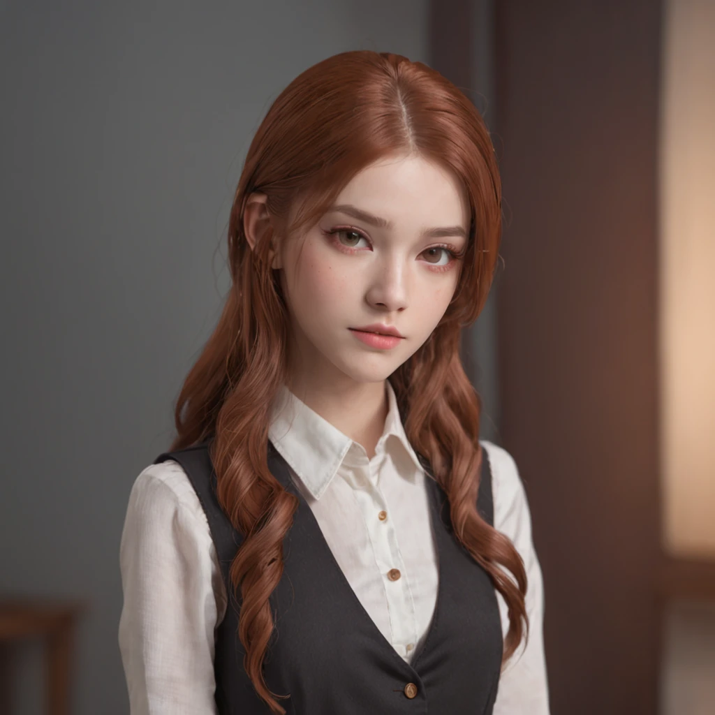 A 20-year-old Italian girl, Ginger tie hair, Beautiful eyes, and a perfect face, Render in a realistic style，The edges are sharp，Bright atmosphere, Stand in a dark library in a top vest shirt, Front view, Cute pose, large lips,