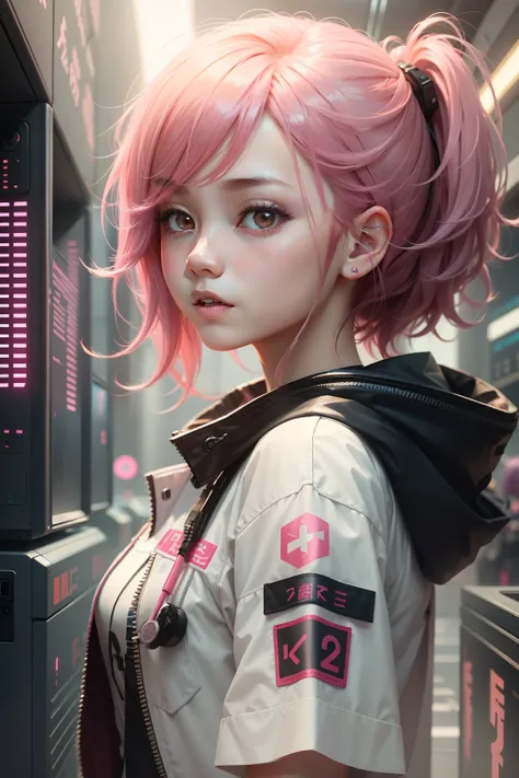 cute female child，long eyelasher，美丽细致的眼睛，short detailed hair，A pink-haired，By bangs，nurses，messy  hair，scifi style，Cyberpunk clothes，final fantasy style，Symphony 2.5D，Half-body bust