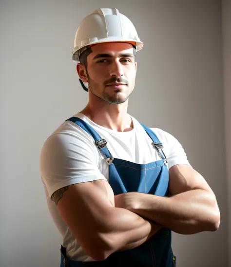 Arad man poses for a photo wearing a hard hat and overalls, engineer, well lit professional photo, Attractive man, fine professional photo, Construction, wearing plumber uniform, a carpenter, marketing photo, photo of a man, very professional, Portrait sho...