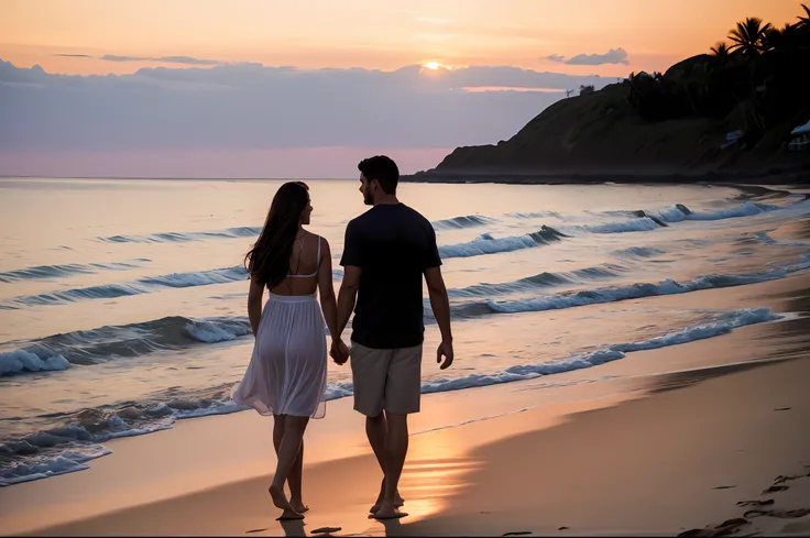 "romantic couple enjoying a sunset beach walk, intimate moment, love in the air"