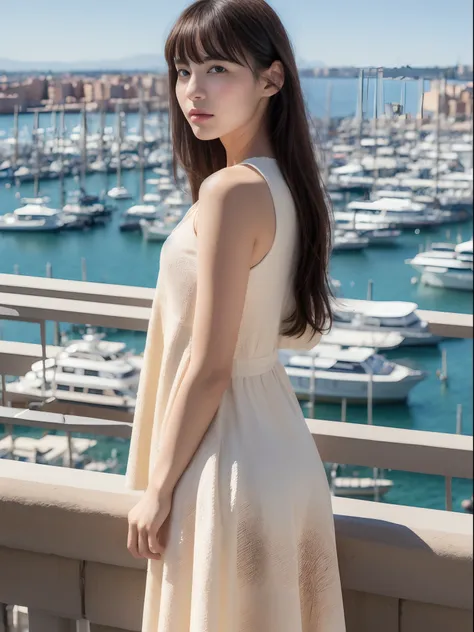 Full body shot, From Side, (8K, Raw photography, top-quality, masuter piece:1.2), ultra-detailliert, ultra res, (realisitic, rialistic photo:1.37), (14 years old girl, Bangs, Detailed Summer Dresses, pumps,  Pose showing clothes), Brown long hair, (Backgro...