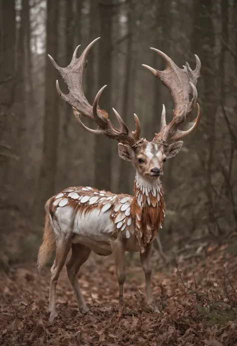 Horizontal antlers，The shattered aura glows warmly and brightly between the antlers
A pair of wings in the back，Layers of broken feathers，There are wings underneath，It is a tentacle covered with white scales，A grotesque but beautiful monster