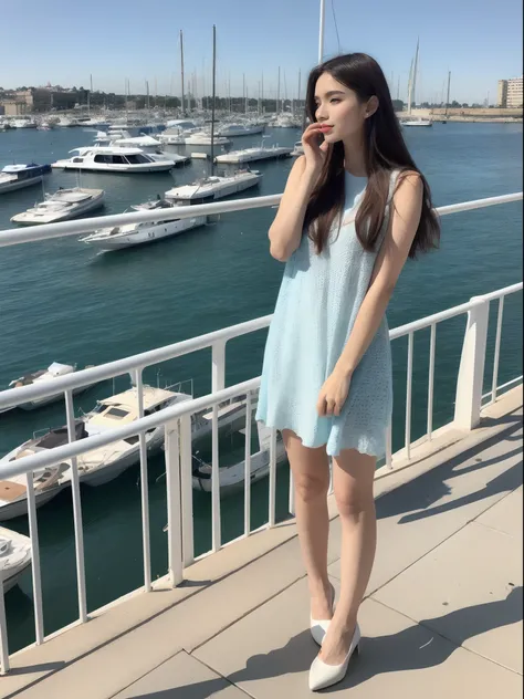 Full body shot, From Side, (8K, Raw photography, top-quality, masuter piece:1.2), ultra-detailliert, ultra res, (realisitic, rialistic photo:1.37), (21 year old girl, Detailed summer dresses, pumps,  Pose showing clothes), Brown semi-long hair, (Harbor bac...