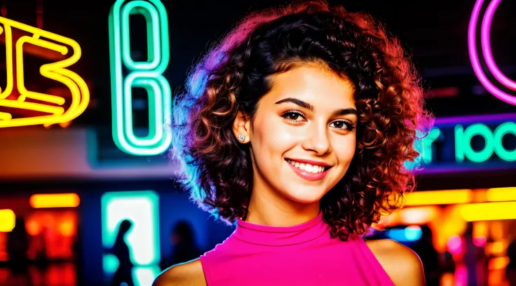 young woman, portrait headshot, smile, (wearing fashionable 1980s clothing), sfw, color photo, neon lights , backlit, standing inside a busy 80s shoppingmall, foreshortening, (curly hair, 1980s style), masterpiece