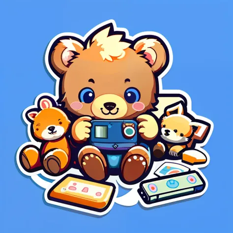 cartoon bear with camera and some food on blue background, telegraph stickers, telegraph stickers design, video game fanart, nin...