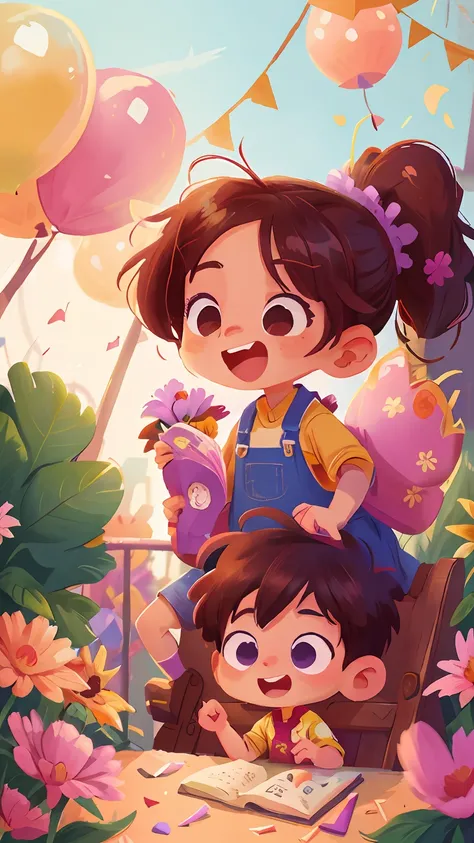 A boy，Boy broken hair，one-girl，Girl hairstyle ponytail，love heart ，Holding flowers，Amusement park scene，he Ferris wheel，Qixi Festival，Love，Many balloons,cheerfulness，rejoice，Perfect quality，Clear focus（Clutter - home：0.8）， （tmasterpiece：1.2） （realisticlyin...