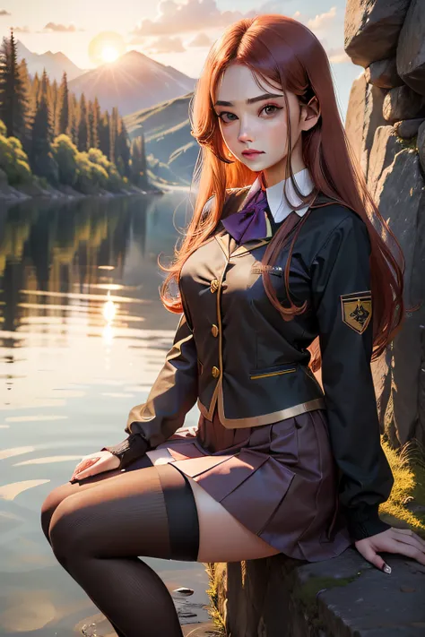 A young woman with flowing russet hair and sharp emerald eyes stands by a tranquil lake. She wears a traditional JK uniform，Purple skirt，Black over-the-knee socks, The skirt swayed slightly in the breeze. The golden color of the setting sun cast a warm glo...