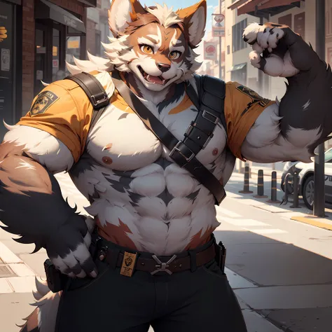 highres, paid reward available, unparalleled masterpiece, street(highly detailed beautiful face and eyes)absurdres, perfect anatomy, good lighting, volumetric lighting, cinematic shadow(angelic handsome 1boy, kemono, solo focus, single, muscle man, beard, ...