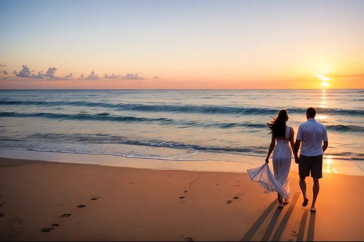 "romantic couple enjoying a sunset beach walk, intimate moment, love in the air"