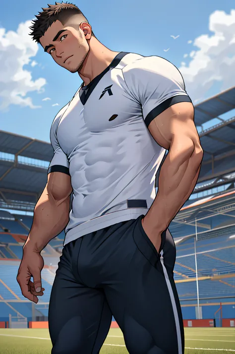 Draw a full-fledged athlete，Stand on the central field of the gym，He wears high-end sportswear，The man looks confident and determined，looking-down，Crew cut，full bodyesbian，shooting from below，